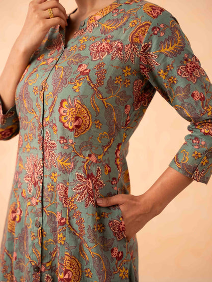 Sage Green Floral Print Kurta with Pants Set