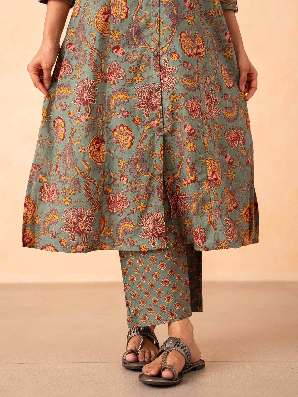 Sage Green Floral Print Kurta with Pants Set