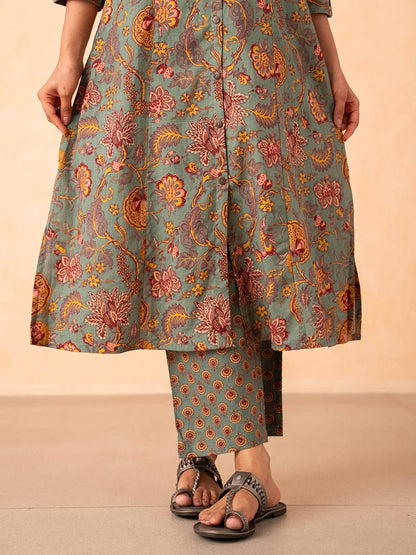 Sage Green Floral Print Kurta with Pants Set