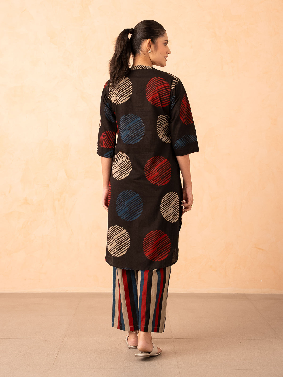 Black Textured Polka Dot Kurta with Striped Pants Set