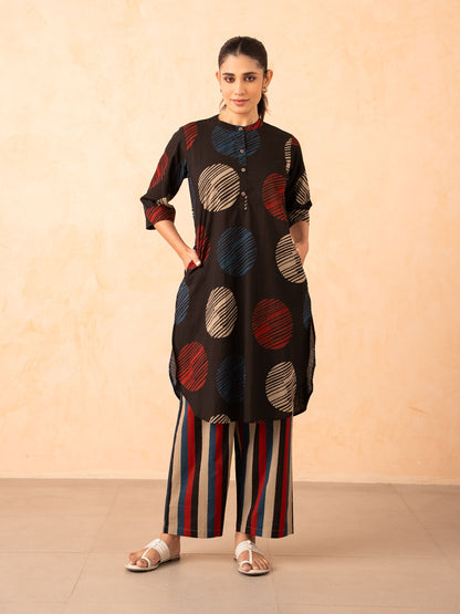 Black Textured Polka Dot Kurta with Striped Pants Set