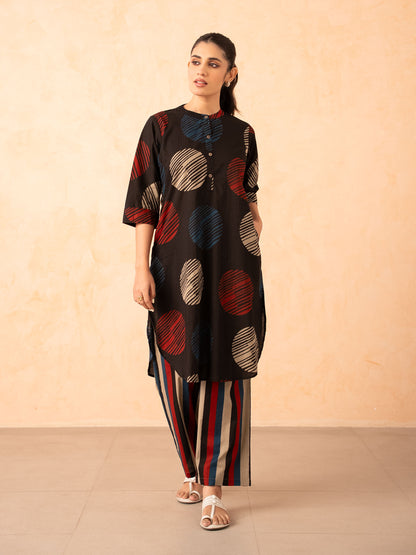 Black Textured Polka Dot Kurta with Striped Pants Set