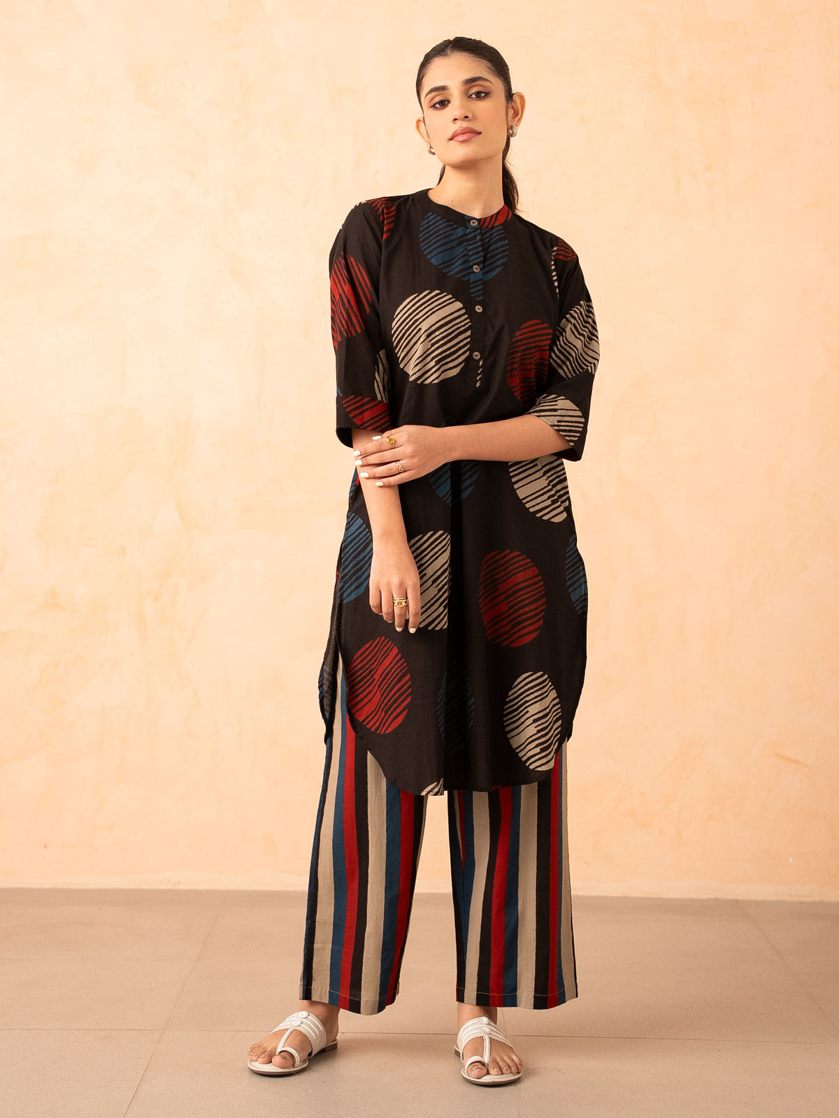 Black Textured Polka Dot Kurta with Striped Pants Set