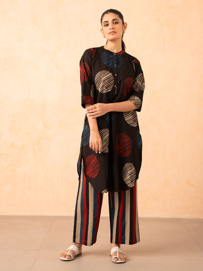 Black Textured Polka Dot Kurta with Striped Pants Set