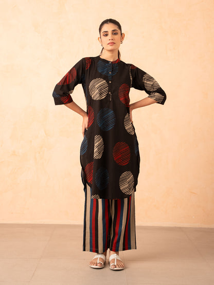 Black Textured Polka Dot Kurta with Striped Pants Set