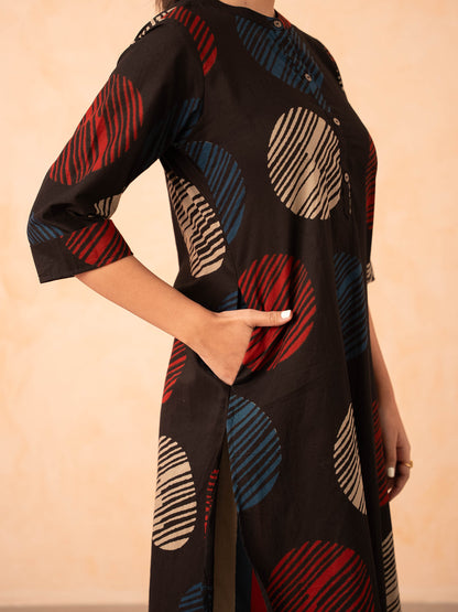 Black Textured Polka Dot Kurta with Striped Pants Set
