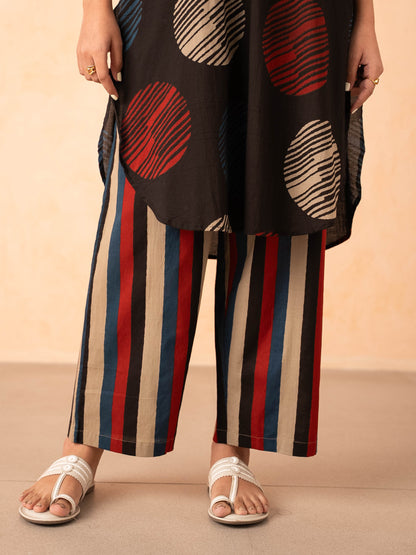 Black Textured Polka Dot Kurta with Striped Pants Set
