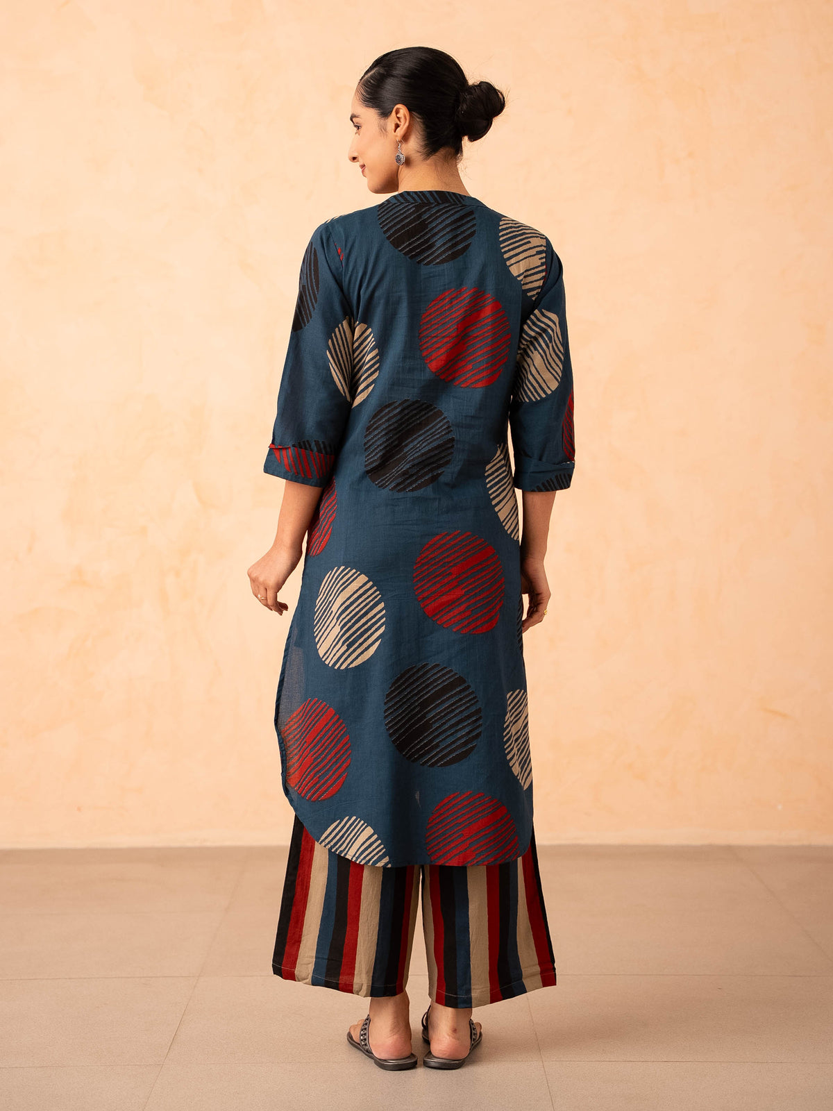Navy Blue Textured Polka Dot Kurta with Striped Pants Set