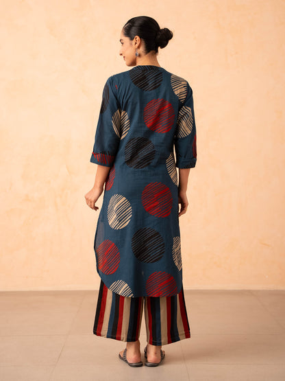 Navy Blue Textured Polka Dot Kurta with Striped Pants Set