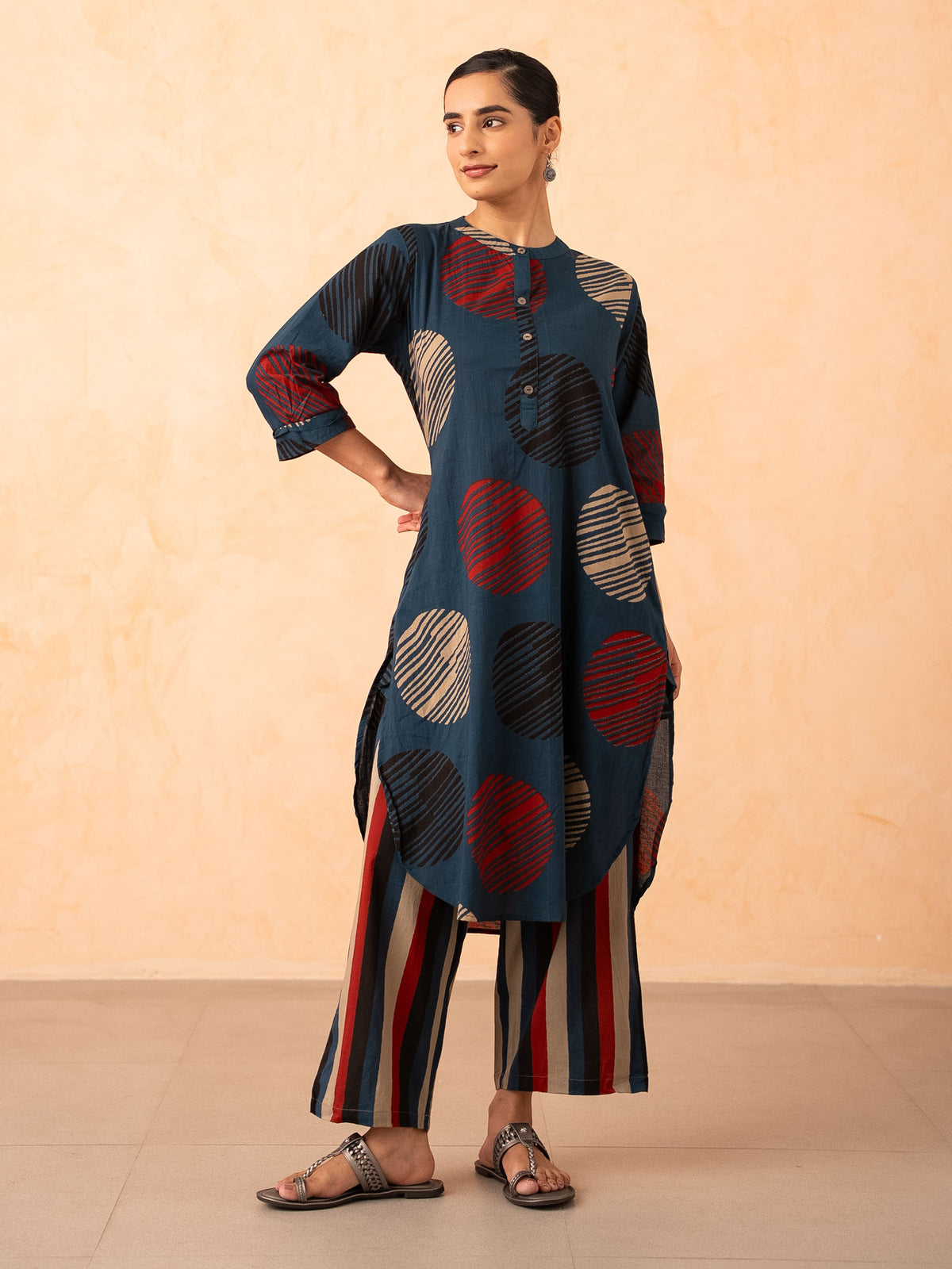 Navy Blue Textured Polka Dot Kurta with Striped Pants Set