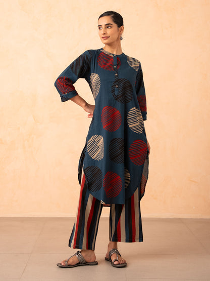 Navy Blue Textured Polka Dot Kurta with Striped Pants Set