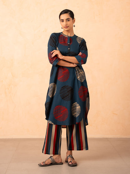 Navy Blue Textured Polka Dot Kurta with Striped Pants Set
