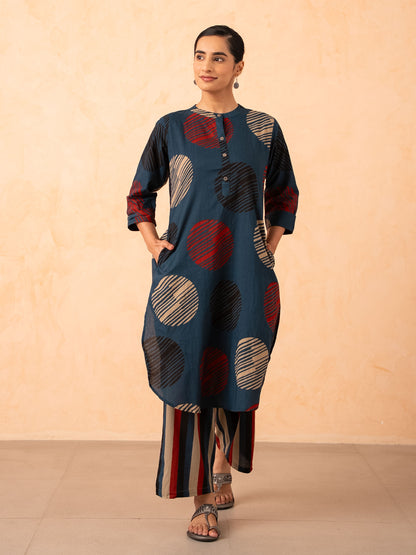 Navy Blue Textured Polka Dot Kurta with Striped Pants Set