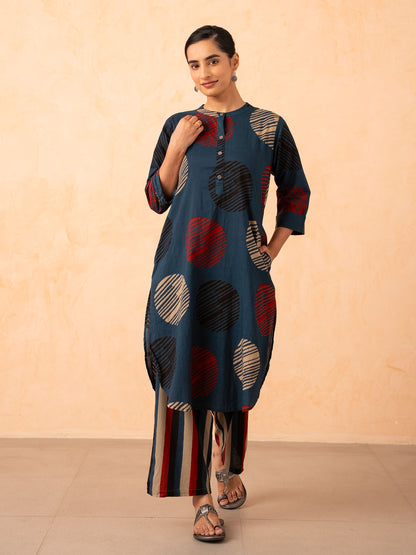 Navy Blue Textured Polka Dot Kurta with Striped Pants Set