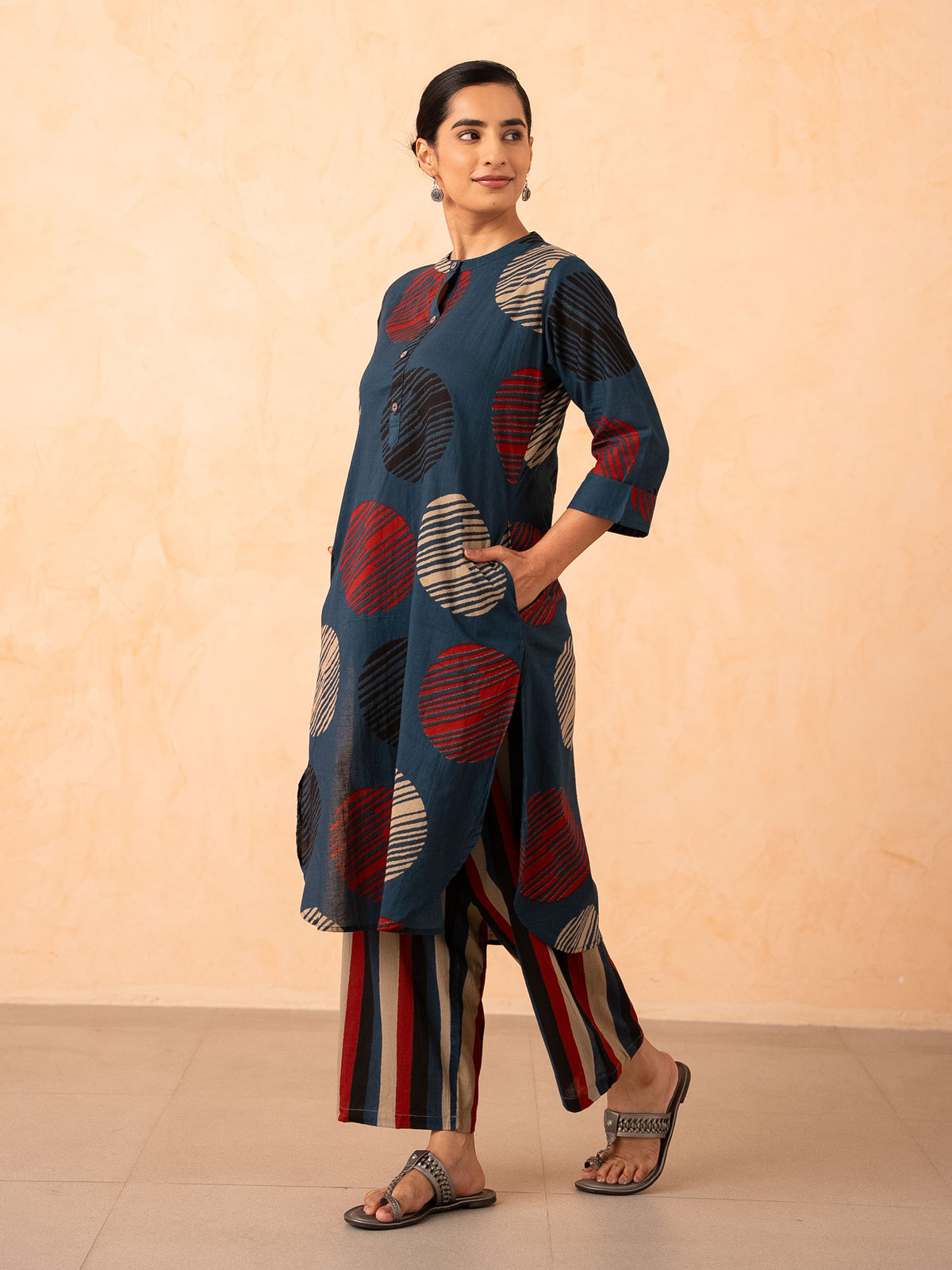 Navy Blue Textured Polka Dot Kurta with Striped Pants Set