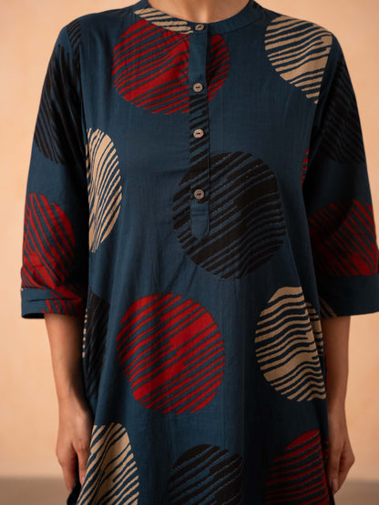 Navy Blue Textured Polka Dot Kurta with Striped Pants Set