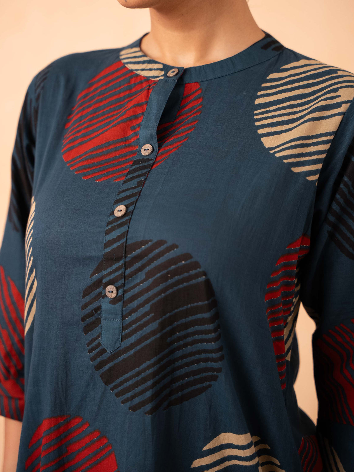 Navy Blue Textured Polka Dot Kurta with Striped Pants Set