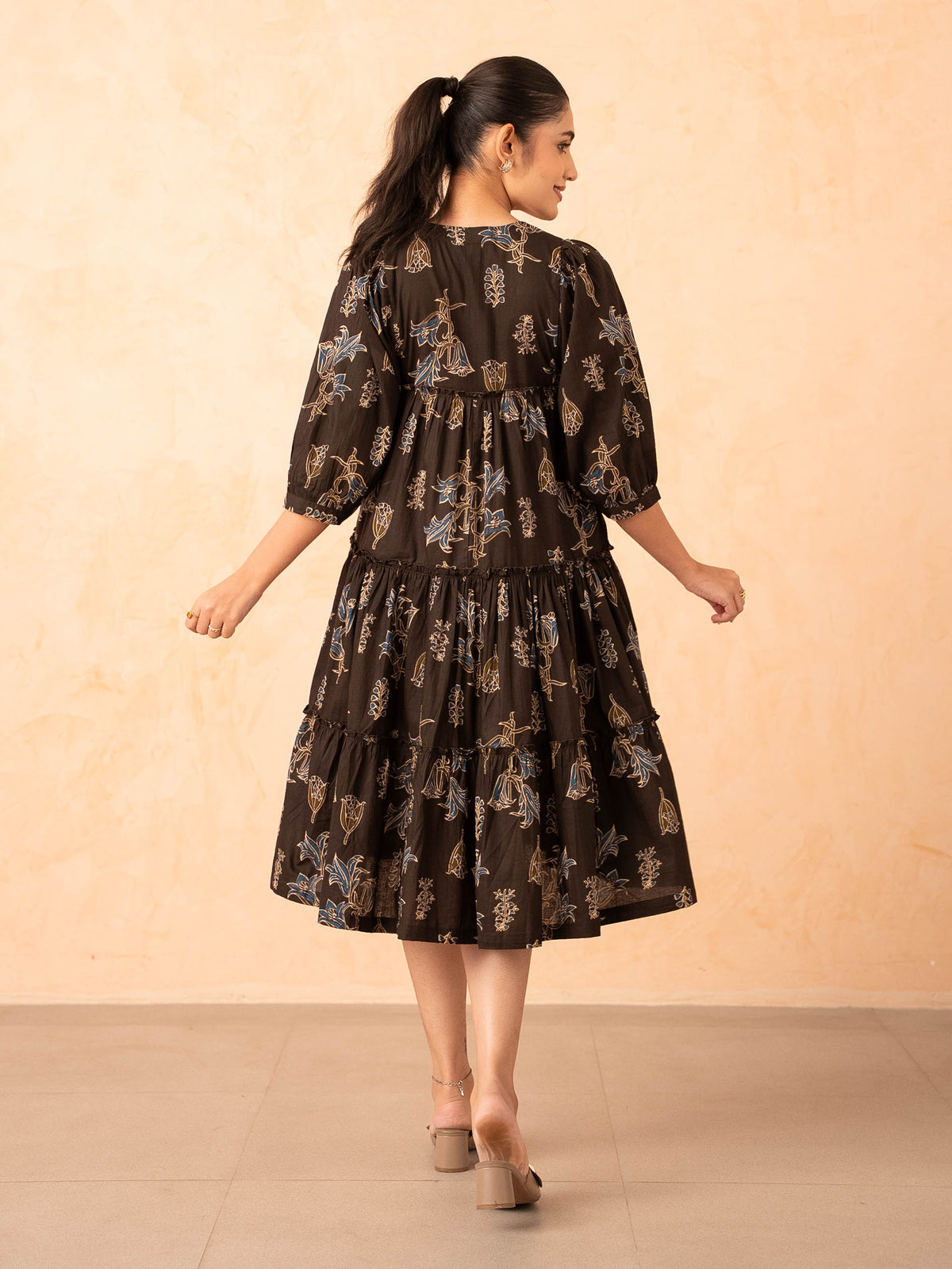 Brown Floral Line Art Tiered Cotton Dress