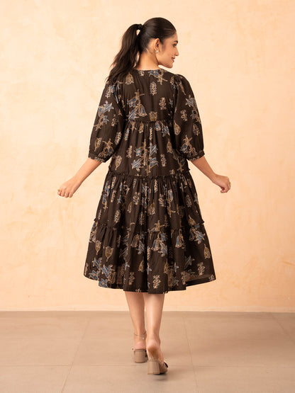 Brown Floral Line Art Tiered Cotton Dress