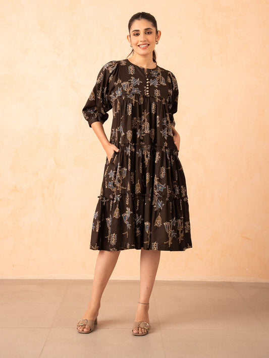 Brown Floral Line Art Tiered Cotton Dress