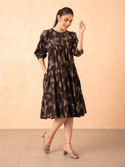 Brown Floral Line Art Tiered Cotton Dress