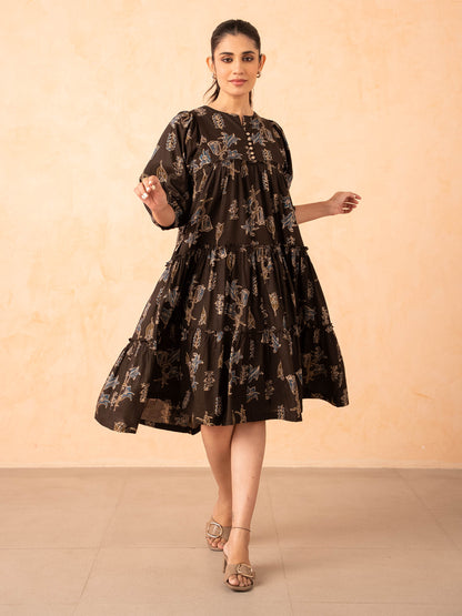 Brown Floral Line Art Tiered Cotton Dress