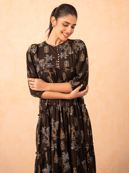 Brown Floral Line Art Tiered Cotton Dress