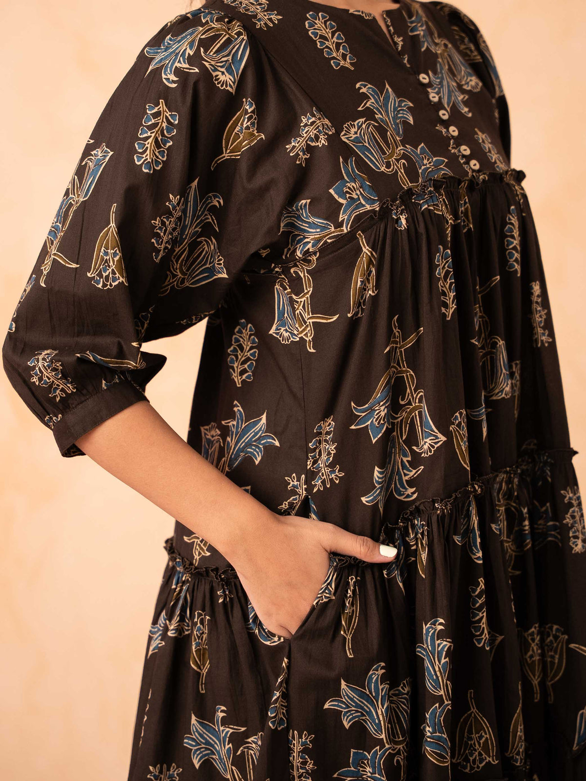 Brown Floral Line Art Tiered Cotton Dress