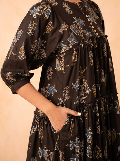 Brown Floral Line Art Tiered Cotton Dress