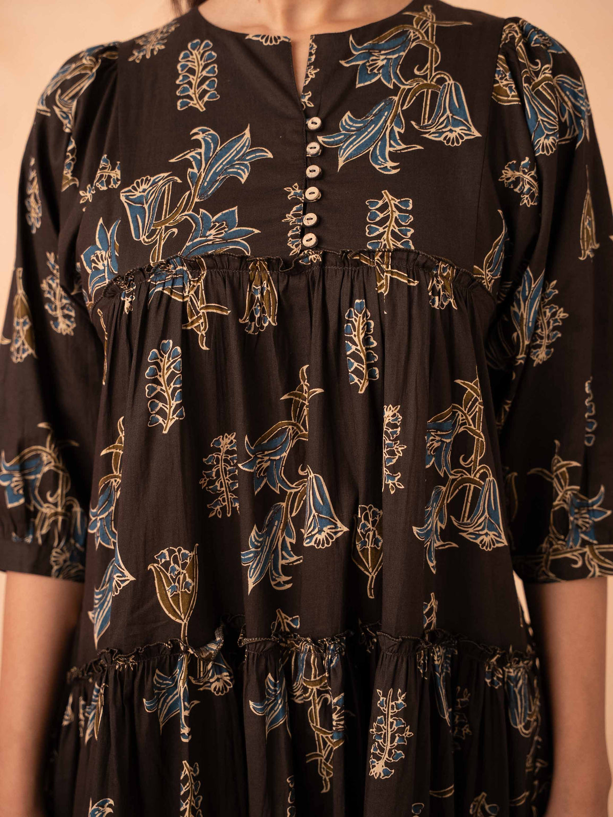 Brown Floral Line Art Tiered Cotton Dress