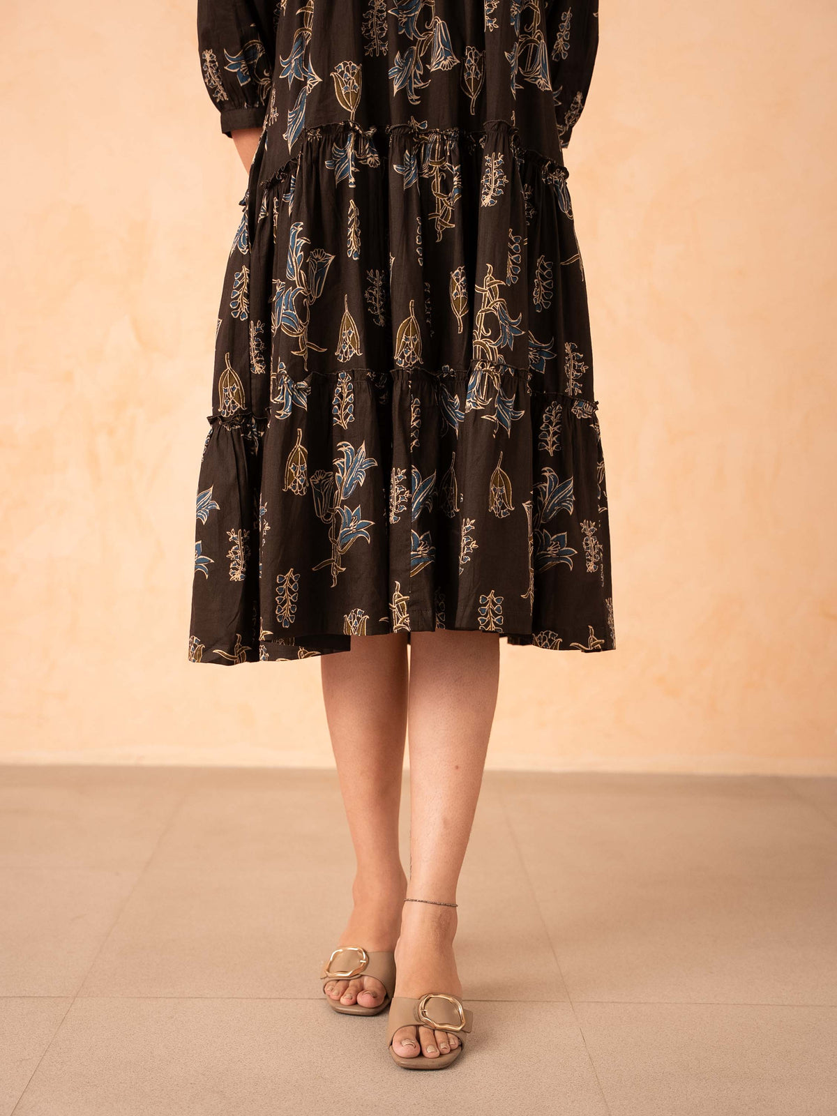 Brown Floral Line Art Tiered Cotton Dress