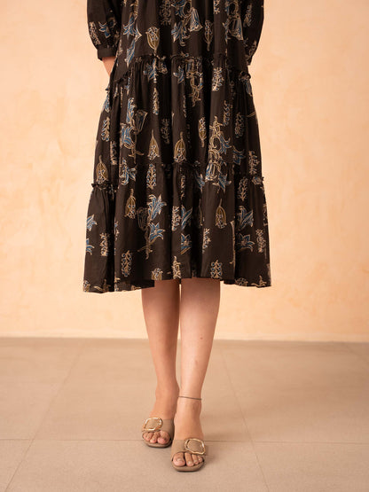 Brown Floral Line Art Tiered Cotton Dress