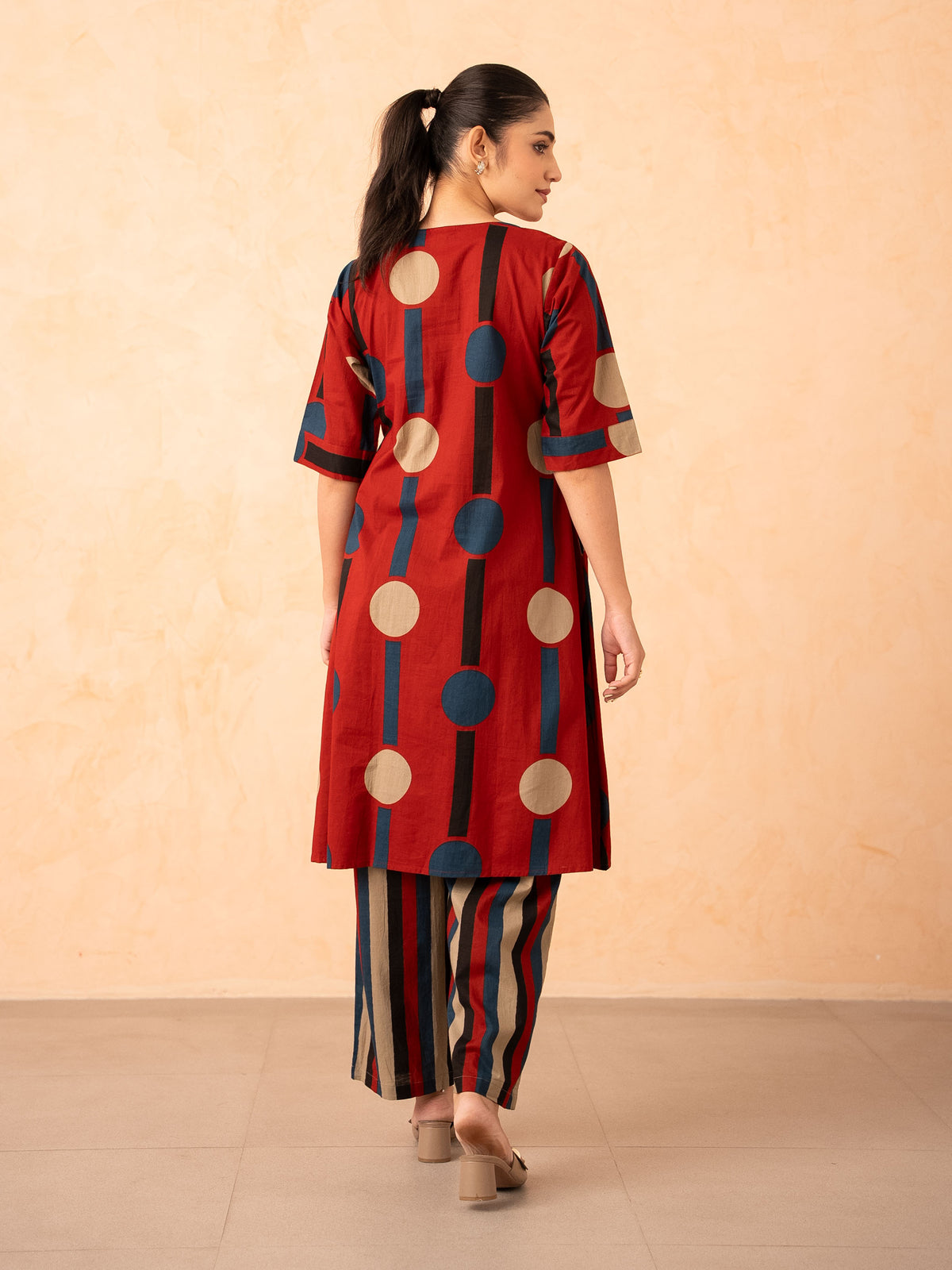 Rust Red Polka Dot & Stripe Print Kurta with Palazzo Set