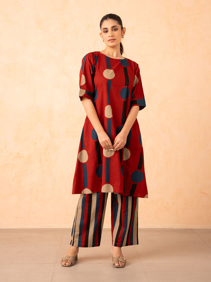 Rust Red Polka Dot & Stripe Print Kurta with Palazzo Set