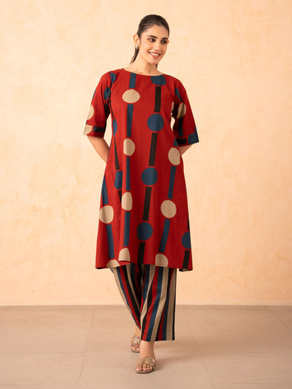 Rust Red Polka Dot & Stripe Print Kurta with Palazzo Set