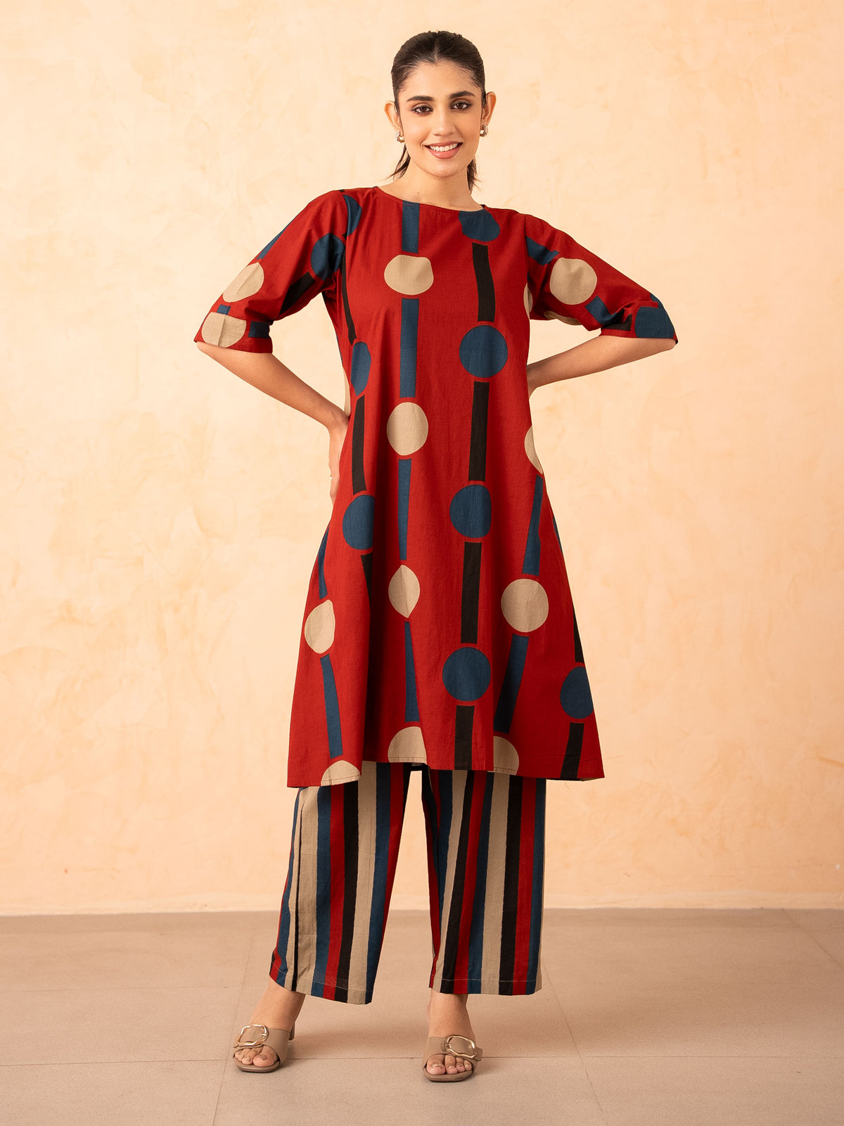 Rust Red Polka Dot & Stripe Print Kurta with Palazzo Set
