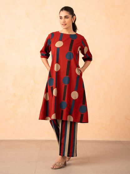 Rust Red Polka Dot & Stripe Print Kurta with Palazzo Set