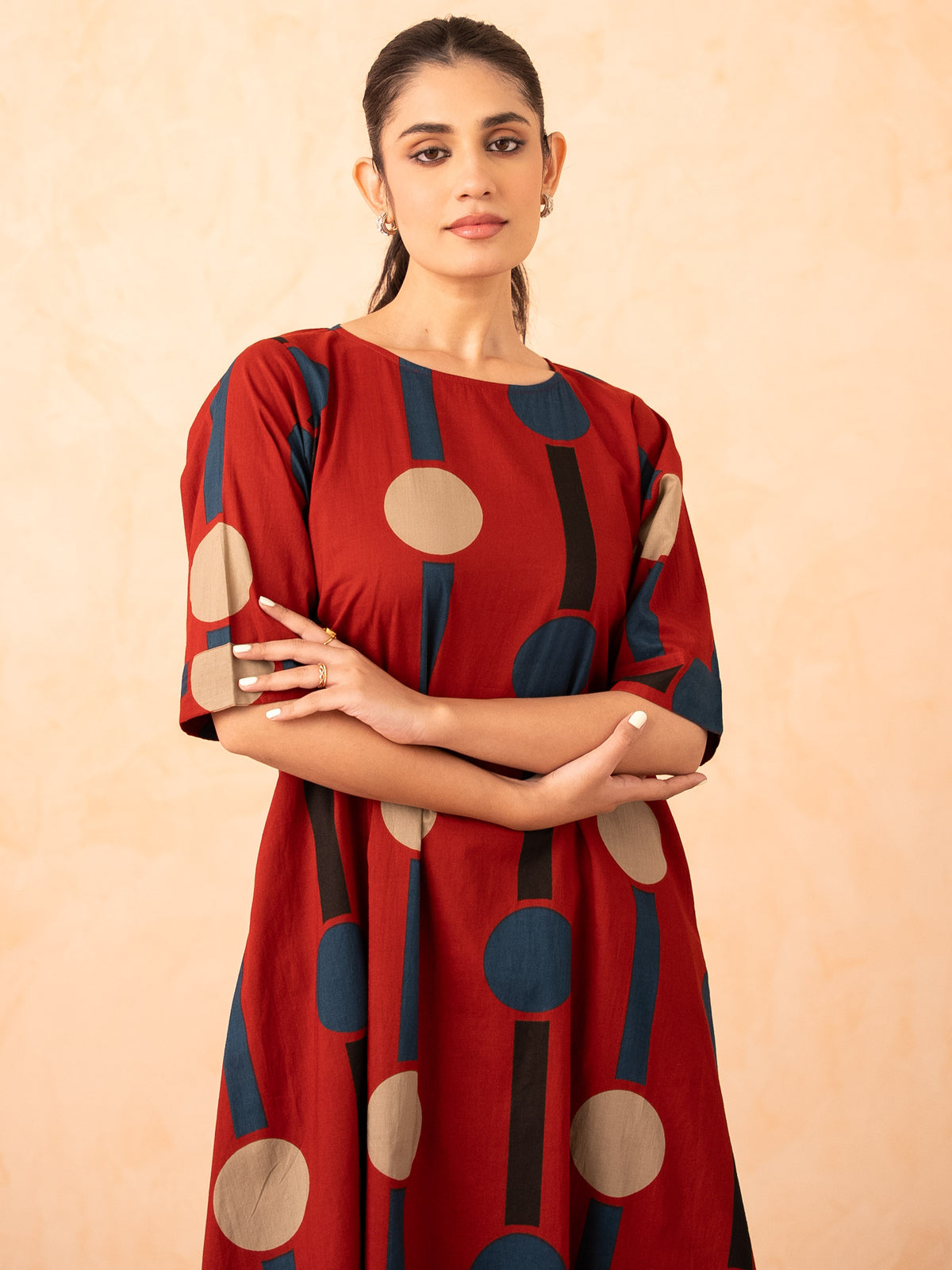 Rust Red Polka Dot & Stripe Print Kurta with Palazzo Set
