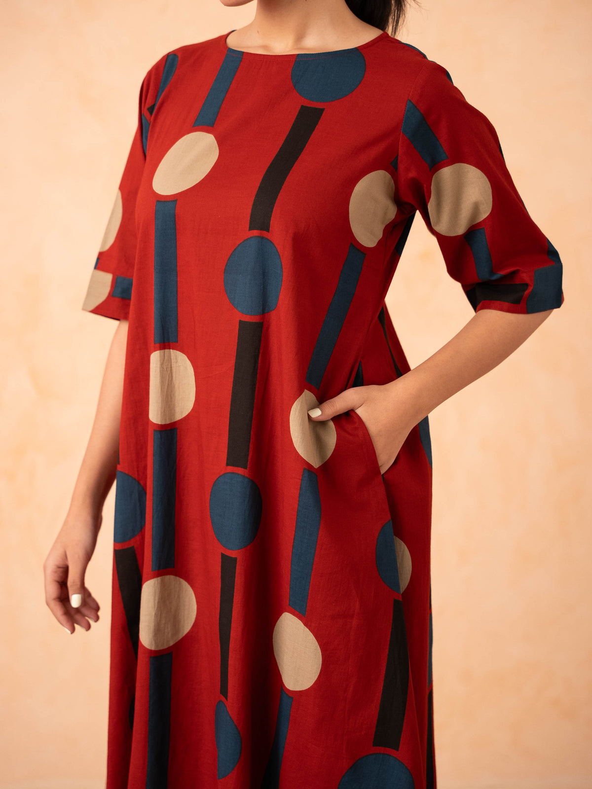 Rust Red Polka Dot & Stripe Print Kurta with Palazzo Set