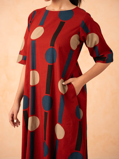 Rust Red Polka Dot & Stripe Print Kurta with Palazzo Set