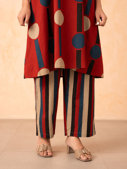 Rust Red Polka Dot & Stripe Print Kurta with Palazzo Set