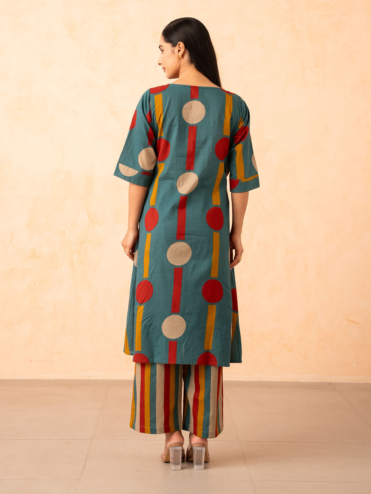 Teal Polka Dot & Stripe Print Kurta with Pants Set