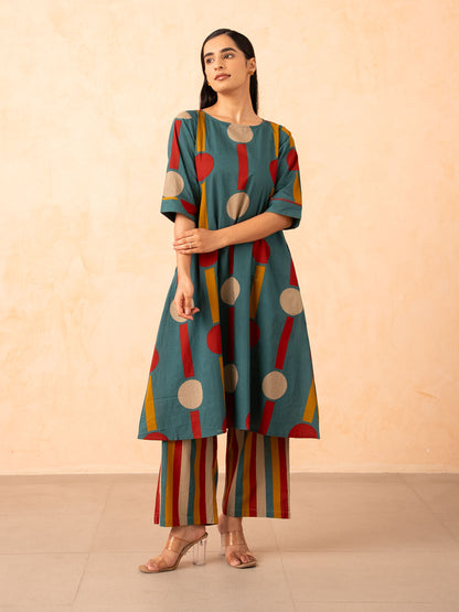 Teal Polka Dot & Stripe Print Kurta with Pants Set