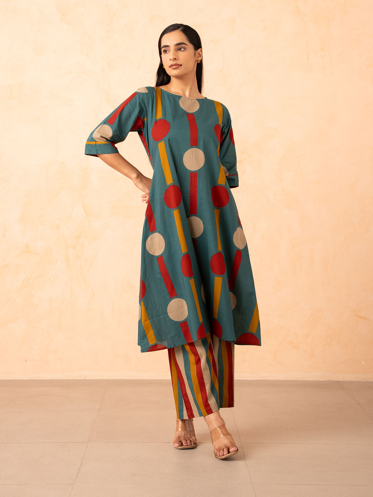Teal Polka Dot & Stripe Print Kurta with Pants Set