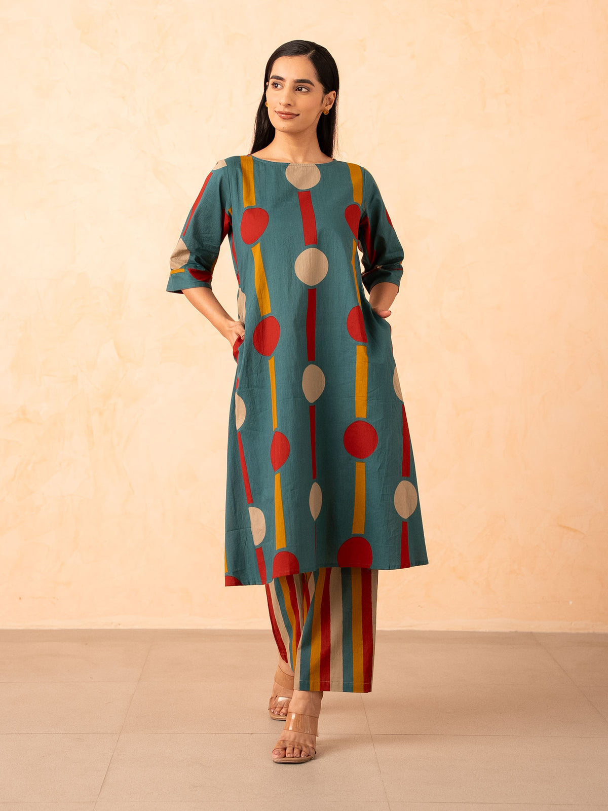 Teal Polka Dot & Stripe Print Kurta with Pants Set