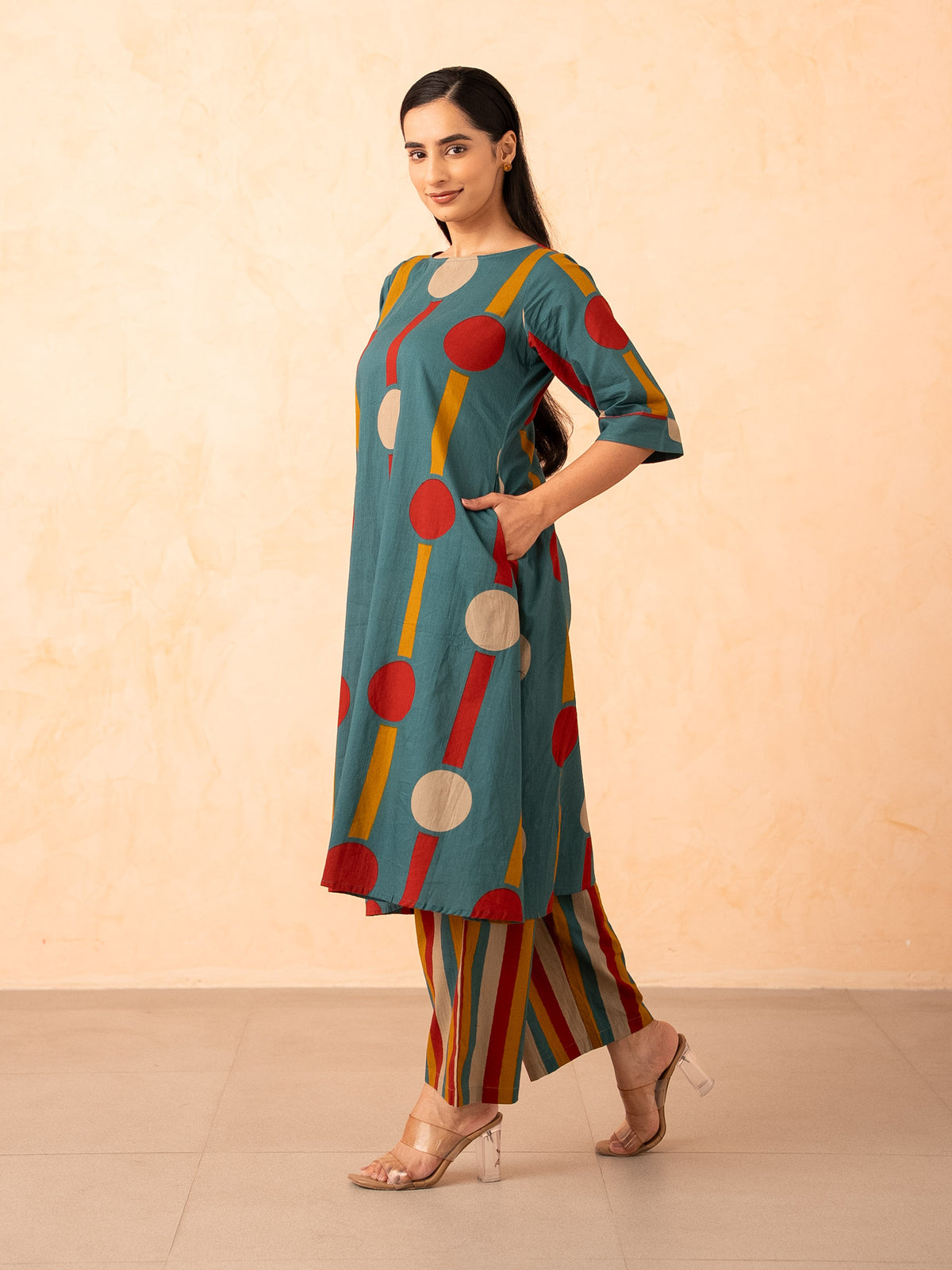 Teal Polka Dot & Stripe Print Kurta with Pants Set