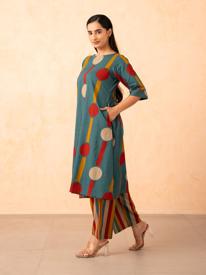 Teal Polka Dot & Stripe Print Kurta with Pants Set