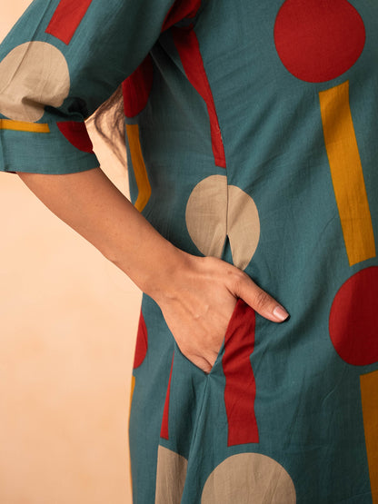 Teal Polka Dot & Stripe Print Kurta with Pants Set