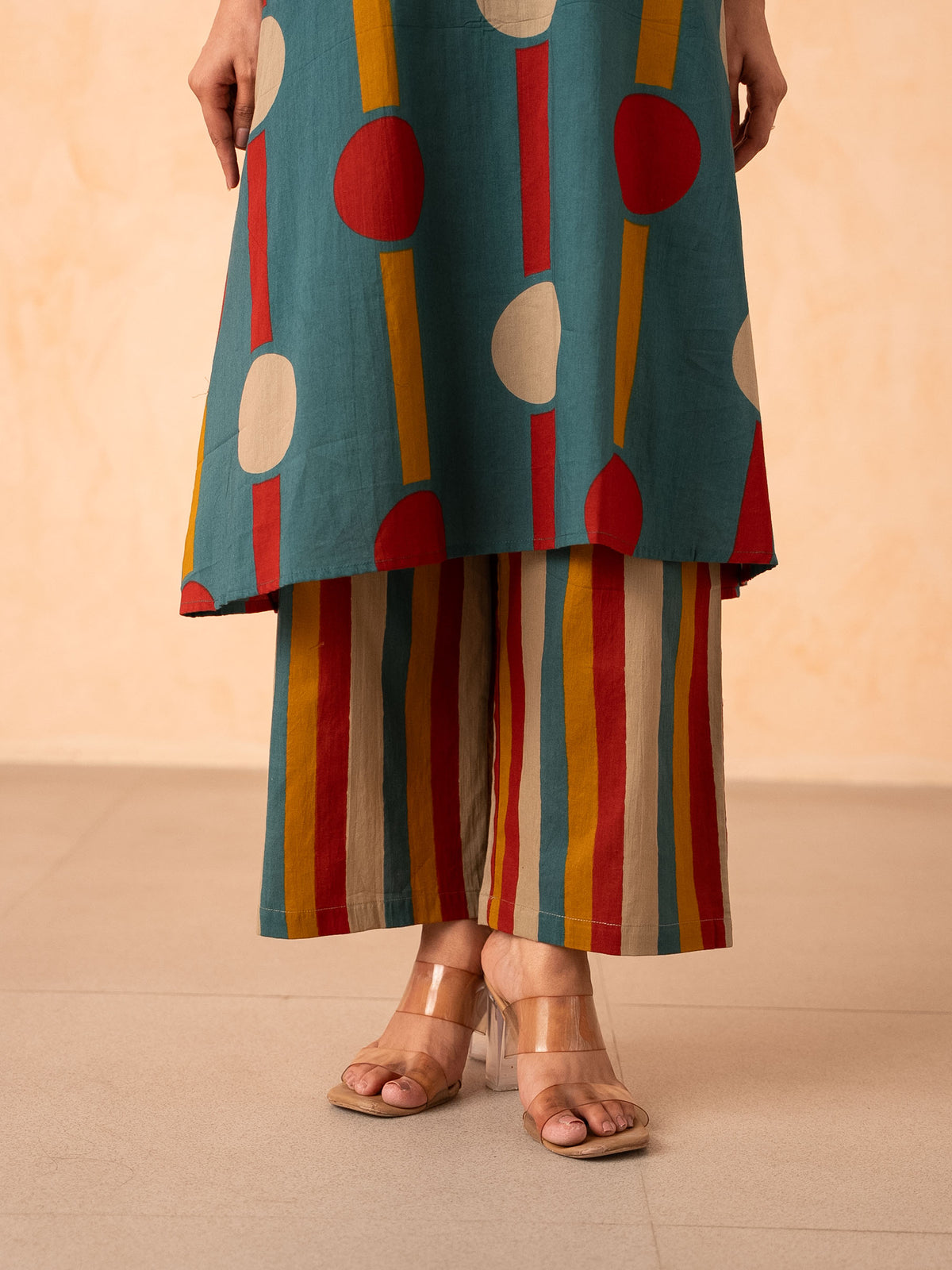 Teal Polka Dot & Stripe Print Kurta with Pants Set