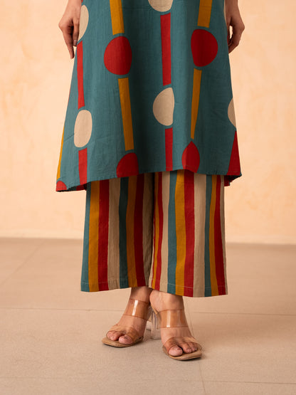 Teal Polka Dot & Stripe Print Kurta with Pants Set